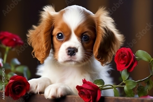 Adorable puppy surrounded by red roses, perfect for valentines day celebrations