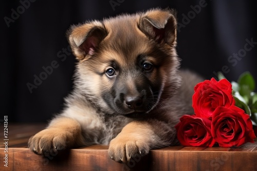 Adorable german shepherd puppy dog with red roses  blank space for personalized text or messages