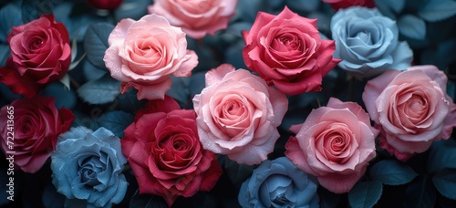 roses are in a bouquet on a dark background  in the style of dark pink and light indigo