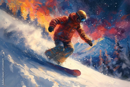 An adventurous snowboarder rides the slopes with a fiery sunset illuminating the sky