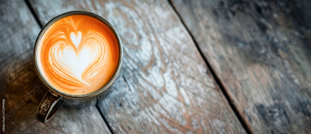 a coffee cup with a heartshaped design on a wooden table, horizontal vabckground, copy space for text, valentines, coffee and love concept a coffee cup with a heartshaped design on a wooden table, horizontal vabckground, copy space for text, valentines, coffee and love concept