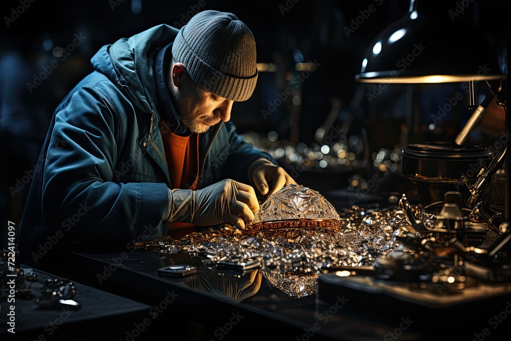 Jeweler inspecting a diamond with a magnifying glass - obrazy, fototapety, plakaty 