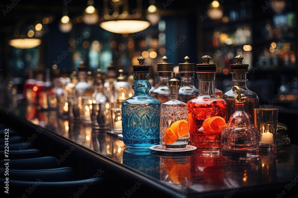 Front view of a cocktail bar with colorful bottles and glass in the Designed bar counter Front view of a cocktail bar with colorful bottles and glass in the Designed bar counter