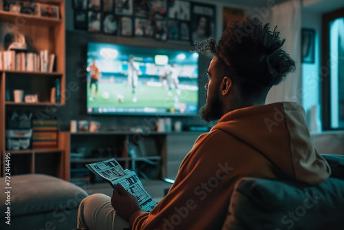 footballer watching the match on his laptop, with a betting slip in his hand