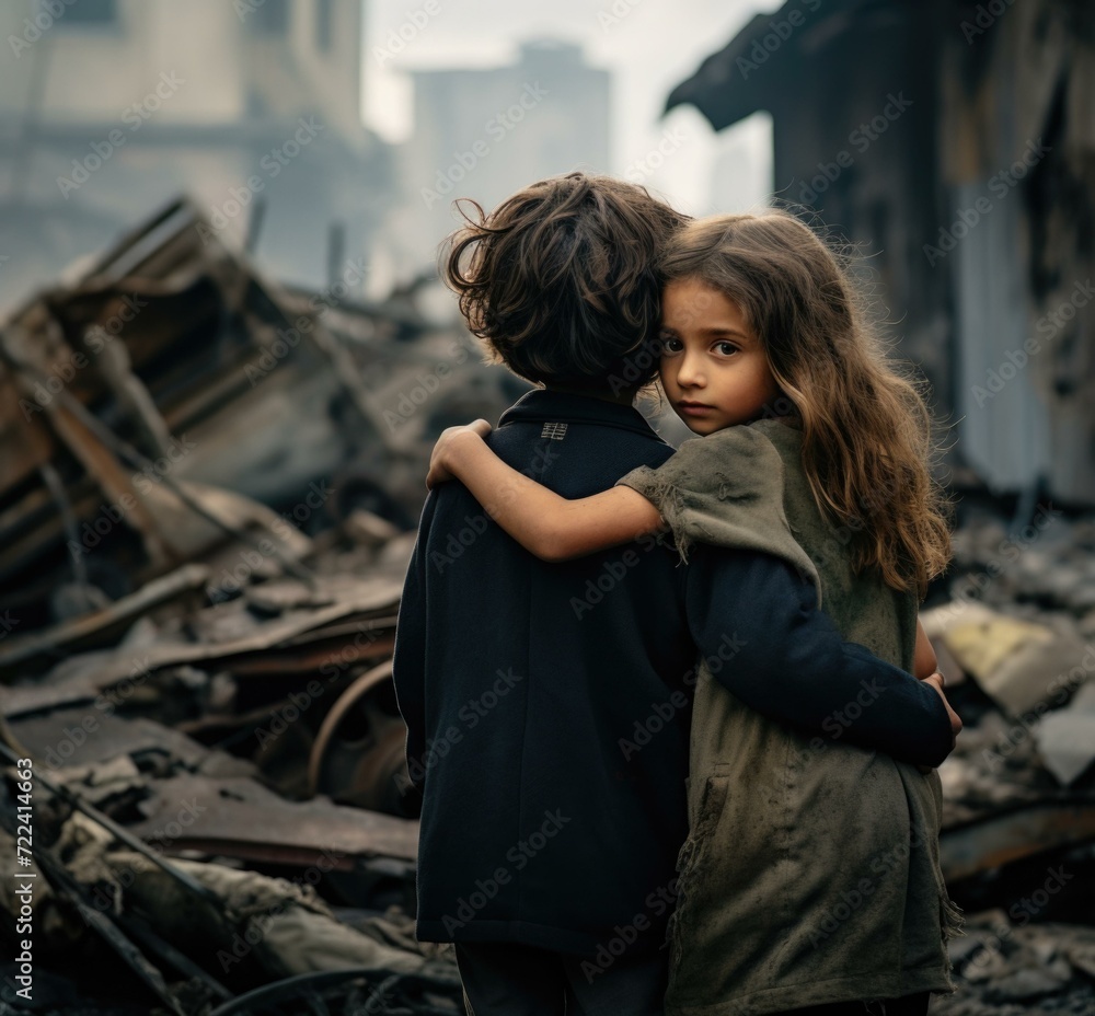 Two children hugging in front of a destroyed building. Generative AI.