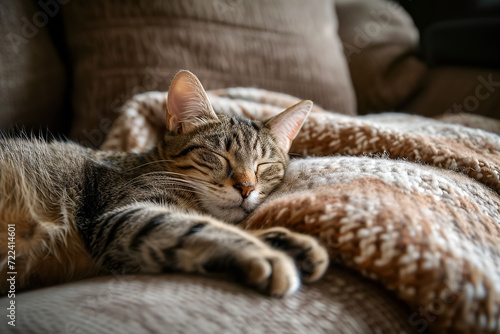 lazy cat sleeping on a sofa and purring