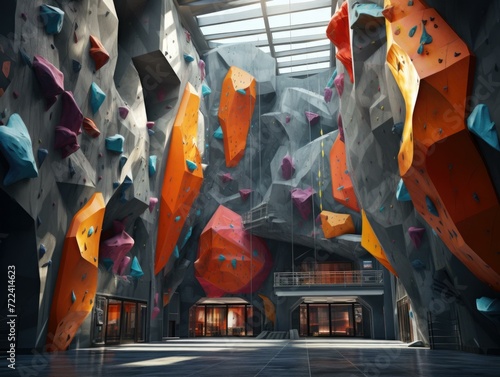 A large indoor climbing wall with colorful rocks. Generative AI. photo