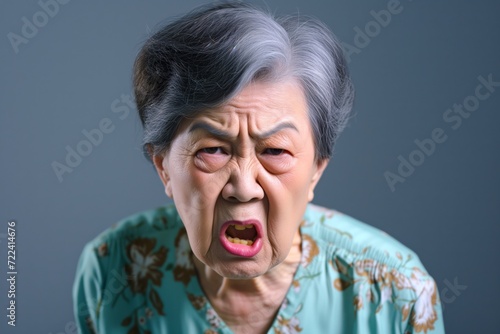 Angry belligerent yelling asian senior woman looking at the camera