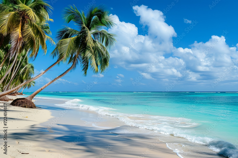 peaceful beach view with turquoise water and palm trees swaying in the wind