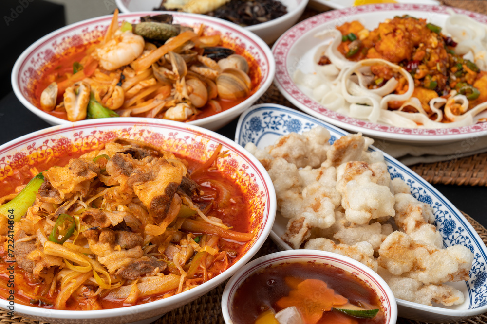 Chinese food, black bean sauce noodles with minced meat, beef mushroom  sweet and sour pork, Chinese shrimp, deep-fried pork in sweet rice batter with sweet and sour sauce