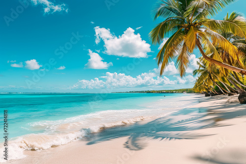 peaceful beach view with turquoise water and palm trees swaying in the wind © Formoney