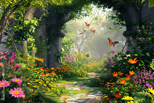 peaceful garden filled with blooming flowers and fluttering butterflies