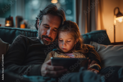 Girl using tablet PC lying on sofa with father