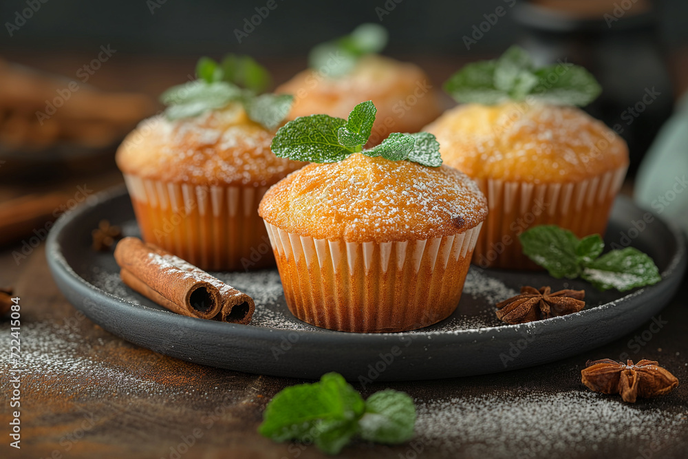 Home-baked muffins with cinnamon and mint on plat. Home-baked muffins with cinnamon and mint on plat.