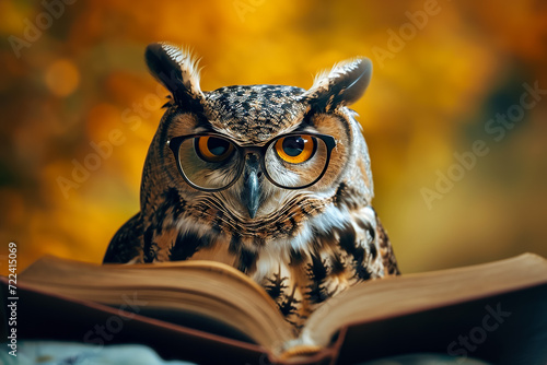 smart owl wearing glasses and reading a book photo