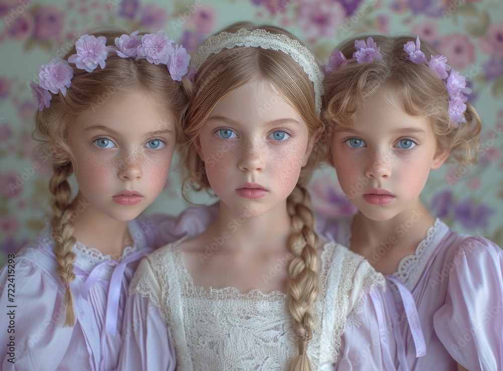 three young girls dressed in white and purple with ribbons, in the style of poetic intimacy