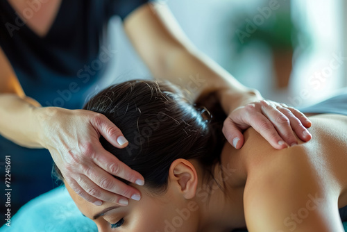 woman getting a massage, with a therapist working on her neck and shoulders