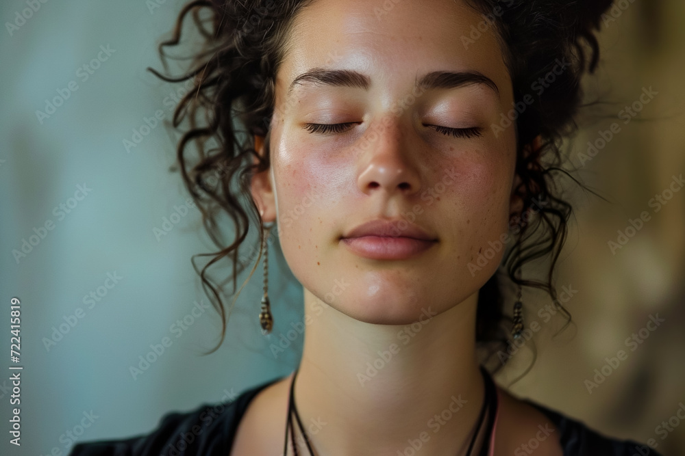 woman practicing meditation, with a serene expression on her face