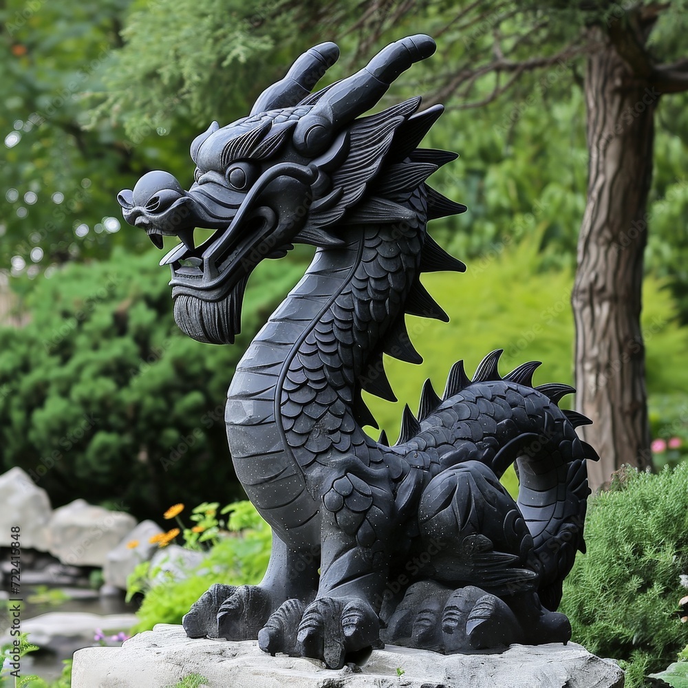 a black dragon statue in front of trees