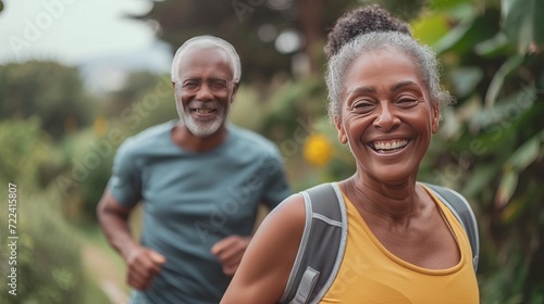 joyful senior African-American woman and family, hard running with her husband