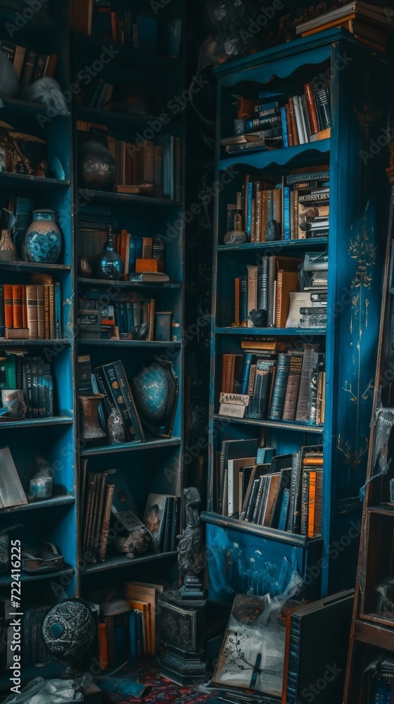 a blue bookshelves with many books
