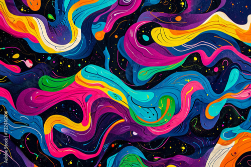 An abstract pattern with swirling shapes and vibrant neon colors