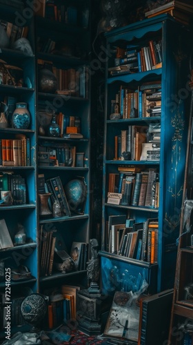 a blue bookshelves with many books