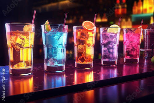 Colorful cocktail row on bar table