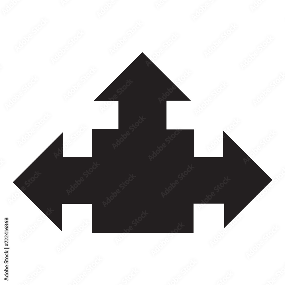 Three-way, two-way or one -way inward or outward pointing mini arrows. A symbol made from a trio of small black arrow shapes. Isolated on a white background. Three-way, two-way or one -way inward or outward pointing mini arrows. A symbol made from a trio of small black arrow shapes. Isolated on a white background.