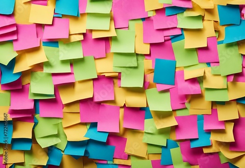 Creative Chaos: A Vibrant Display of Many Colorful Sticky Notes Adorning a Wall or Bulletin Board