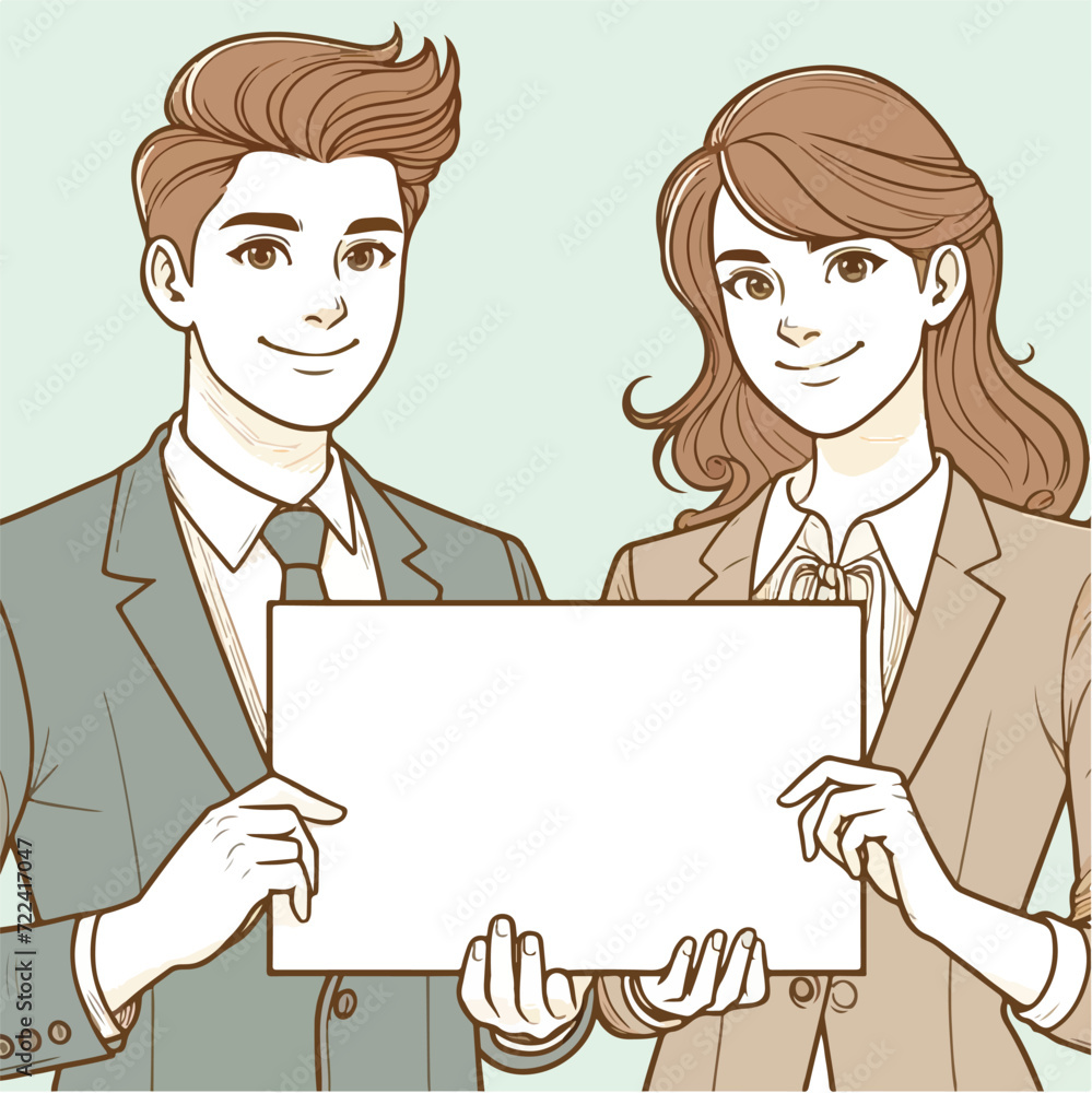 Vector illustration of a businessman and woman holding a blank sign for your business needs. Vector illustration of a businessman and woman holding a blank sign for your business needs.