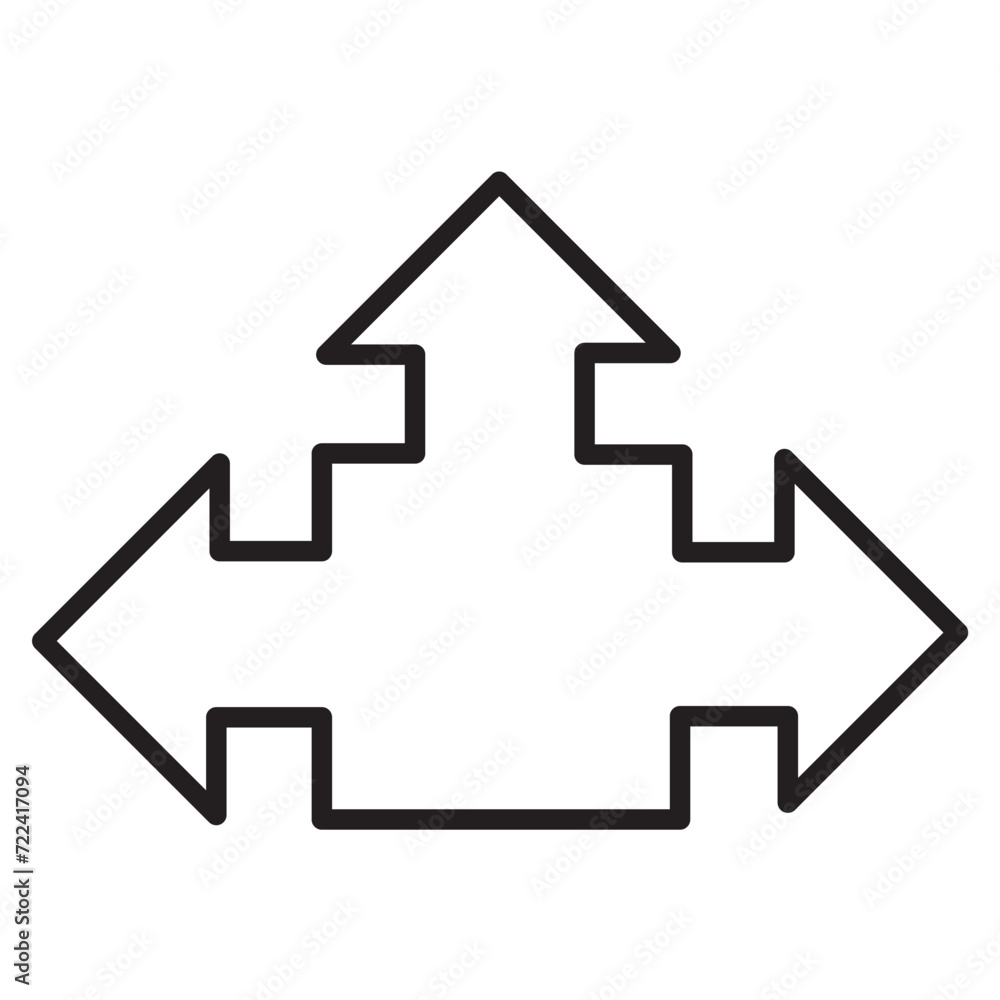 Three-way, two-way or one -way inward or outward pointing mini arrows. A symbol made from a trio of small black arrow shapes. Isolated on a white background. Three-way, two-way or one -way inward or outward pointing mini arrows. A symbol made from a trio of small black arrow shapes. Isolated on a white background.