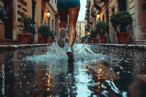Strong athletic female legs in sneakers running along a rainy street in old Italian city. Concepts  sports  healthy lifestyle  strength  endurance  beautiful body  sports shoes  active recreation