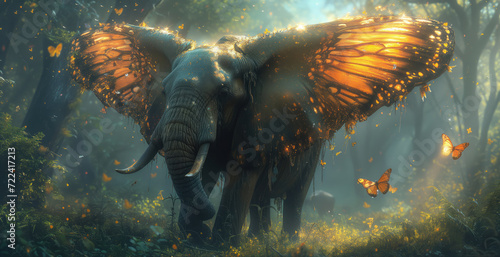 Elephants with butterfly wings gracefully fluttering through a mystical forest © KeepStock