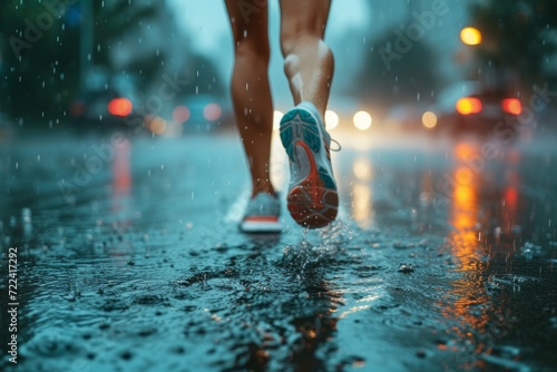 Strong athletic legs in sneakers running along a city street during the rain at the backdrop of evening cityscape. Concepts: sports, healthy lifestyle, strength, endurance, beautiful body, sports shoe
