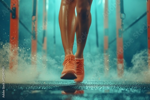 Strong and toned legs in orange sneakers runnig on blue background. Concepts: sports, healthy lifestyle, strength, endurance, beautiful body, sports shoes, active recreation photo