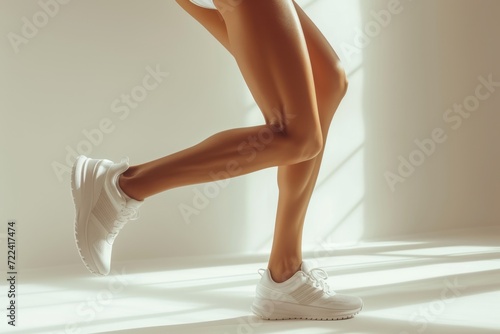 Athletic legs in white sneakers on white background. Concepts: sports, healthy lifestyle, strength, endurance, beautiful body, sports shoes, active recreation