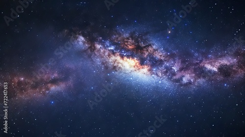 Milky Way galaxy as seen from Earth. Dense clusters of stars and celestial dust creating a glowing, intricate pattern against the dark sky. Concept of astronomy, space, galaxy, cosmos exploration.