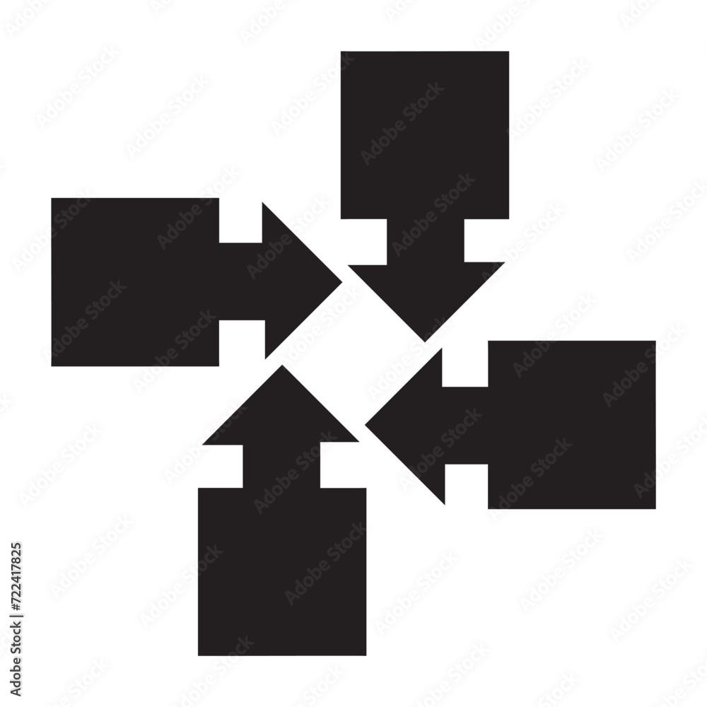 Three-way, two-way or one -way inward or outward pointing mini arrows. A symbol made from a trio of small black arrow shapes. Isolated on a white background. Three-way, two-way or one -way inward or outward pointing mini arrows. A symbol made from a trio of small black arrow shapes. Isolated on a white background.