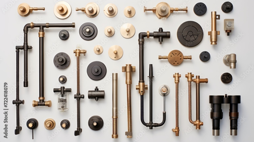 A neatly organized display of modern plumbing fixtures in brass and black finishes on a light background. A neatly organized display of modern plumbing fixtures in brass and black finishes on a light background.