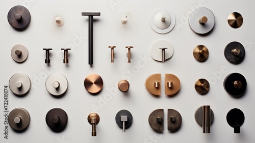 Various modern cabinet knobs and handles on white background. Top view. Concept of interior design, home decor, hardware, modern furnishing. photo
