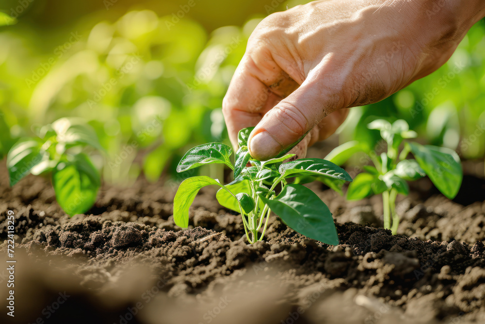 A farmer plants pepper seedlings in the soil in a vegetable garden on a sunny day. Growing organic vegetables. Agribusiness and agriculture. Close-up A farmer plants pepper seedlings in the soil in a vegetable garden on a sunny day. Growing organic vegetables. Agribusiness and agriculture. Close-up