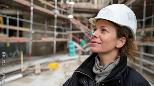 Female project manager overseeing construction site with blurred background of new building