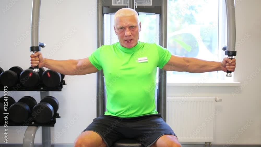 Gray man in green shirt sit and move apart hands on fitness machine Gray man in green shirt sit and move apart hands on fitness machine