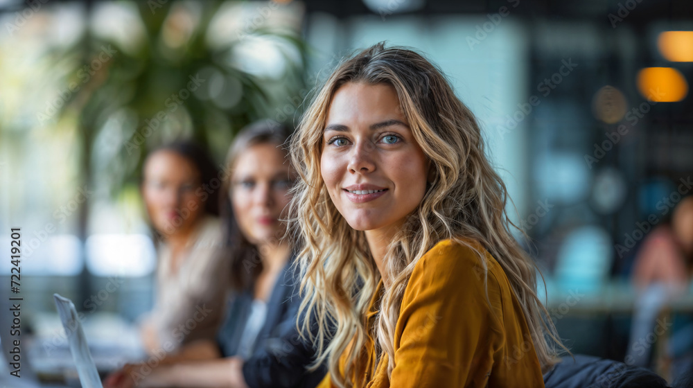 Smiling Woman in Yellow with Friends. Generative AI