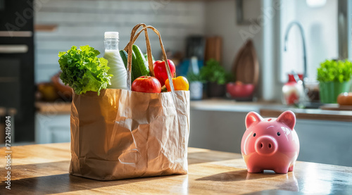 un sac de courses, posé sur une table de cuisine, avec une tirelire en forme de cochon à côté pour illustrer les économies sur la nourriture photo
