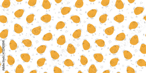 Pattern funny chickens. Hand drawn linear icons. Easter design. Cartoon  chick. Animals, Doodle style. Domestic bird. Seamless background. Vector illustration.