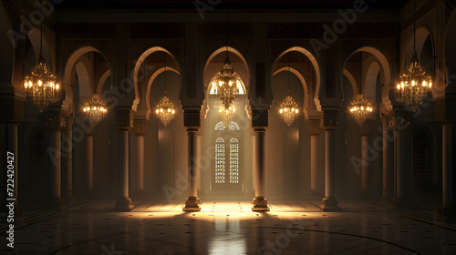 Mosque interior with arches and lamps