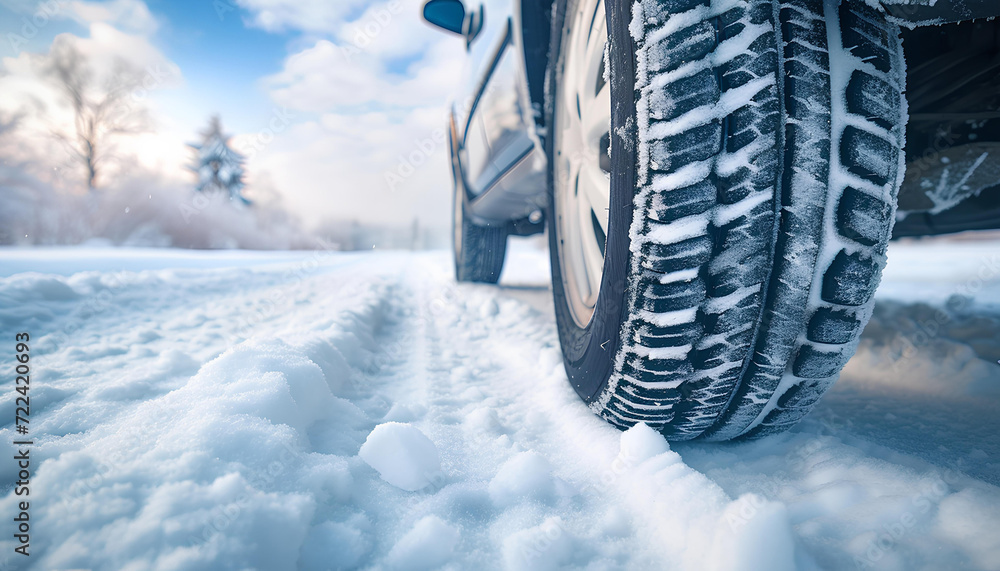 Winter tire covered in snow snowy road Winter tire covered in snow snowy road