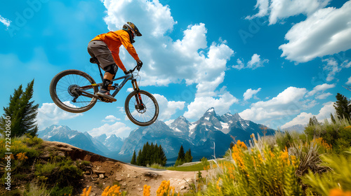 Mountain bike rider in action on the road with high mountains background